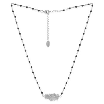 Collier Argent Rhodié Plume Et Pierres Spinelle Naturelles Noires