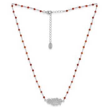 Collier Argent Rhodié Plume Et Pierres Onyx Naturelles Rouges