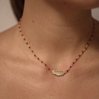 Collier Argent Rhodié Plume Et Pierres Onyx Naturelles Rouges