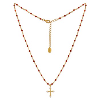 Collier Argent Doré Croix Et Pierres Naturelles Rouge
