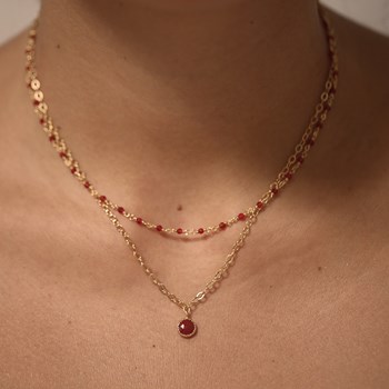 Collier Argent Rhodié Double Chaine Et Pierres Naturelles Onyx Rouge