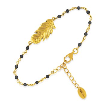 Bracelet En Argent Doré Plume Pierres Noires