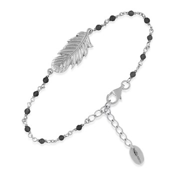 Bracelet En Argent Rhodié Plume Pierres Noire