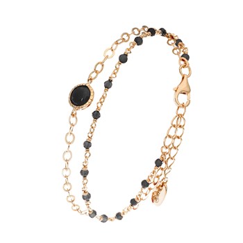 Bracelet En Argent Doré Double Chaine Pierres Naturelles Noires