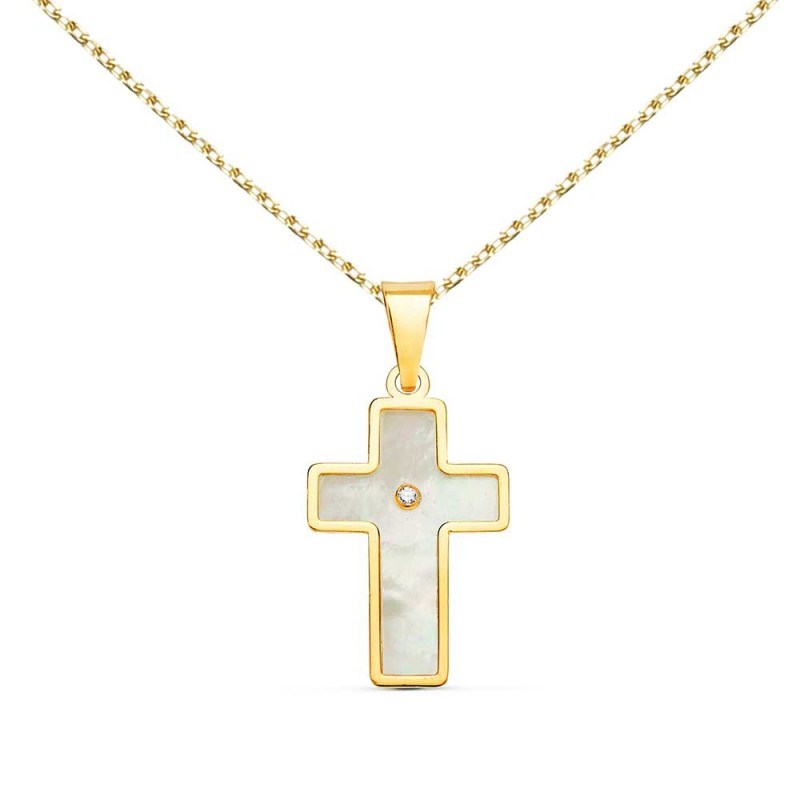 Collier - Médaille Croix Or 18 Carats 750/000 Jaune et Nacre - Chaine Dorée