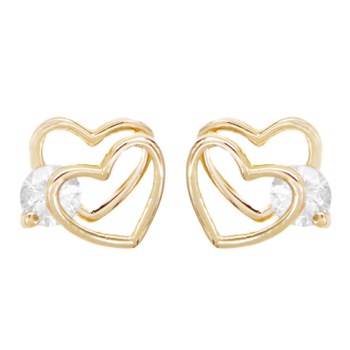 Boucles d'Oreilles Or Jaune Coeurs Doubles Sertis de Zirconiums