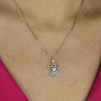 Heart-shaped protective angel necklace set with zirconium oxide 925 Rhodium-plated silver