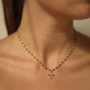 Collier Argent Rhodié Croix Et Pierres Naturelles Onyx Rouge