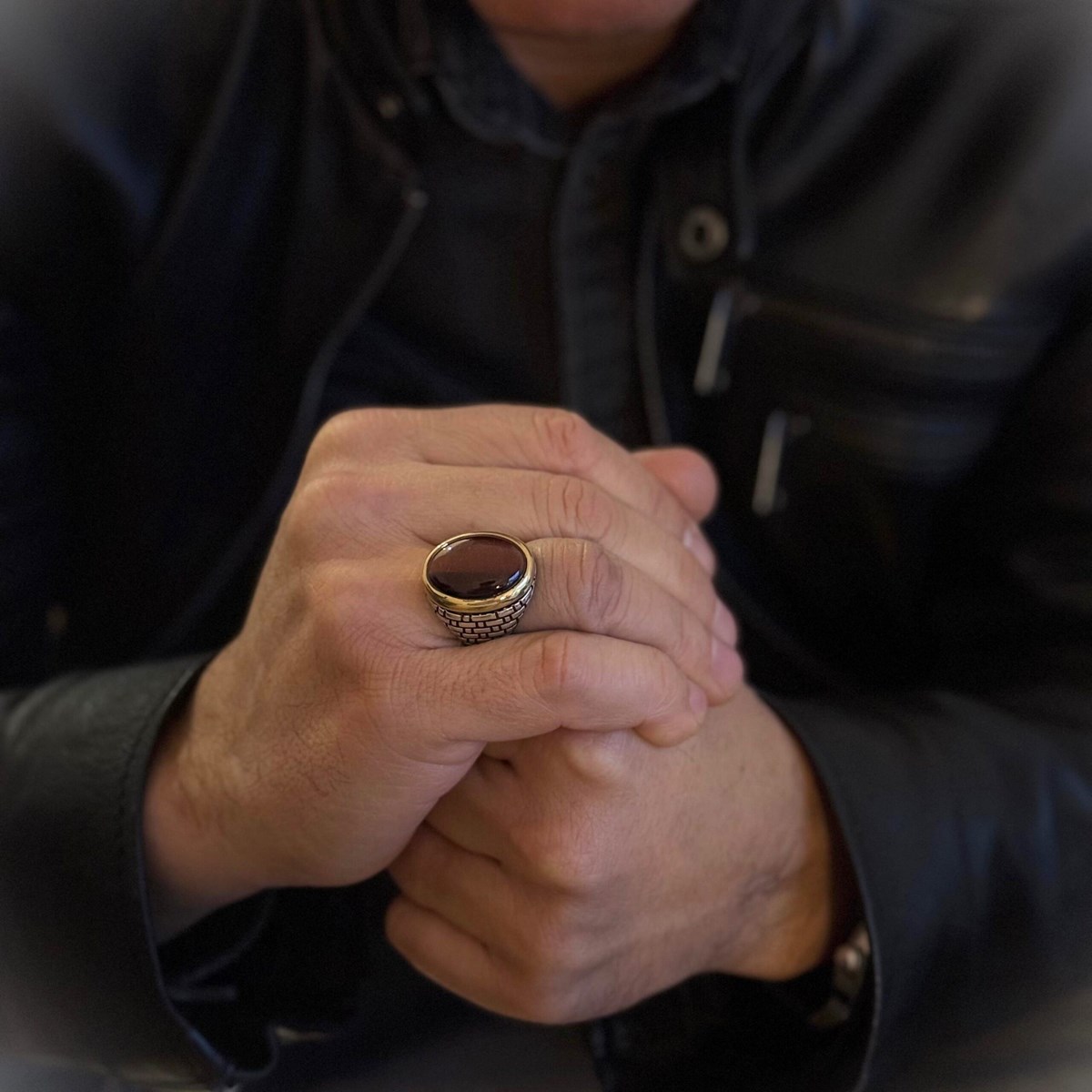Bague Homme oeil Argent Doré Pierre oeil De Tigre Rouge - vue 2