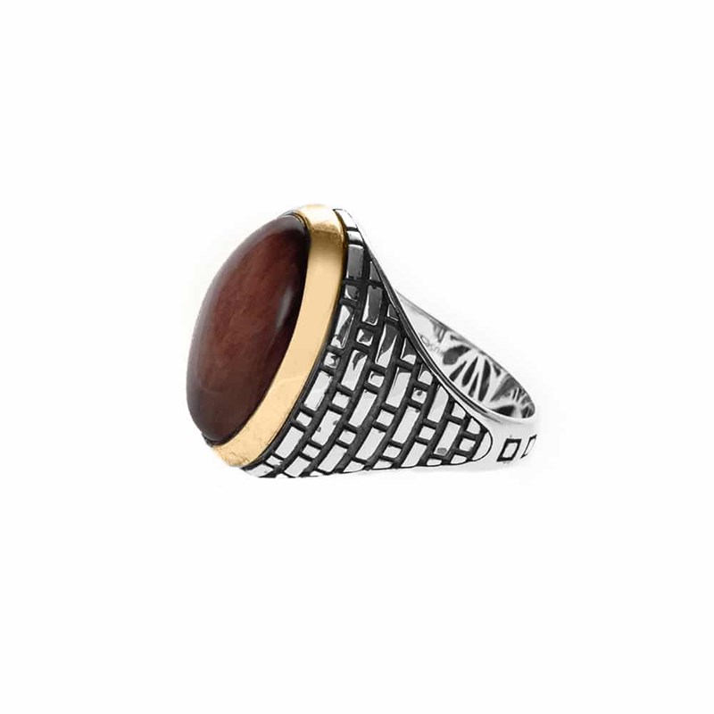 Bague Homme oeil Argent Doré Pierre oeil De Tigre Rouge - vue 3
