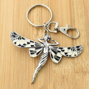 Mermaid bag jewel keyring with silver wings black enamel and white rhinestones