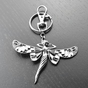 Mermaid bag jewel keyring with silver wings black enamel and white rhinestones