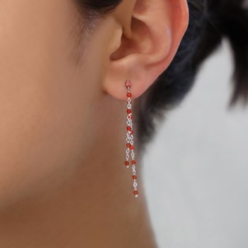 Rhodium Silver Long Chain Earrings With Red Natural Stones