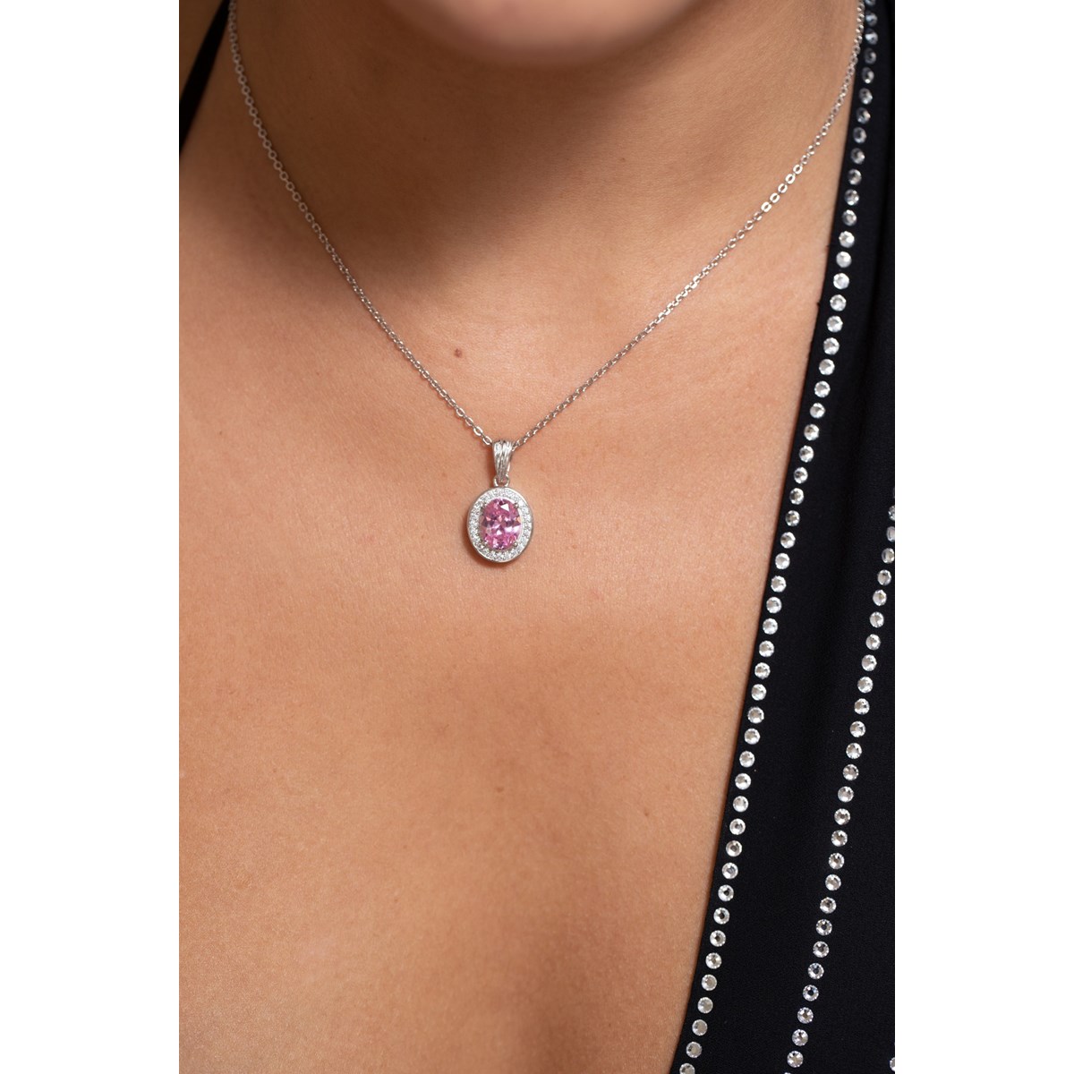 Collier mono-motif Victoria en Argent avec oxyde de zirconium rose - vue 2