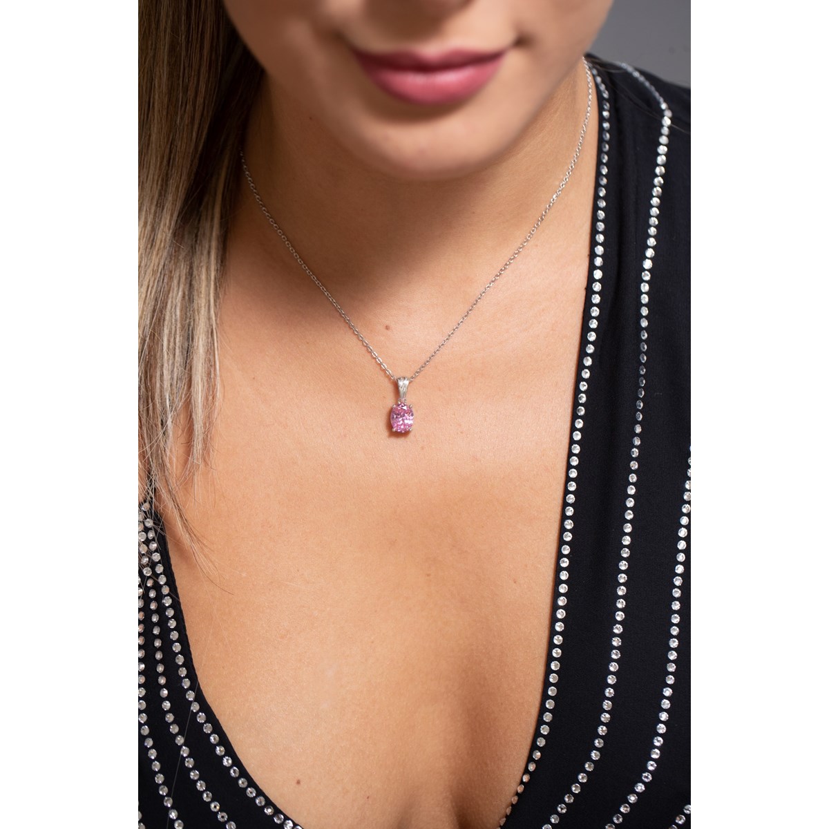 Collier mono-motif Elisabeth en Argent avec oxyde de zirconium rose - vue 2
