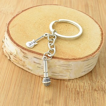 Silver guitar and microphone key ring