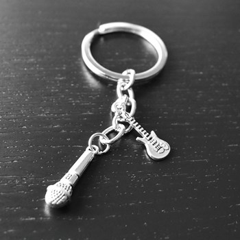 Silver guitar and microphone key ring