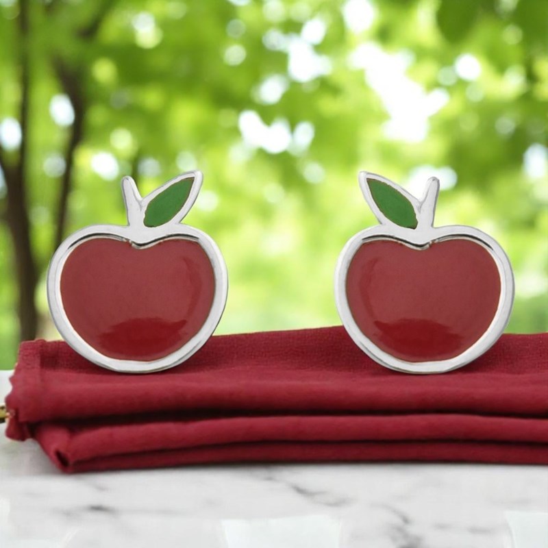 Boucles d'oreilles pomme émail coloré rouge et vert Argent 925 Rhodié - vue 4