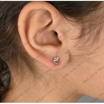 Boucles d'oreilles fraise émail coloré Plaqué OR 750 3 microns