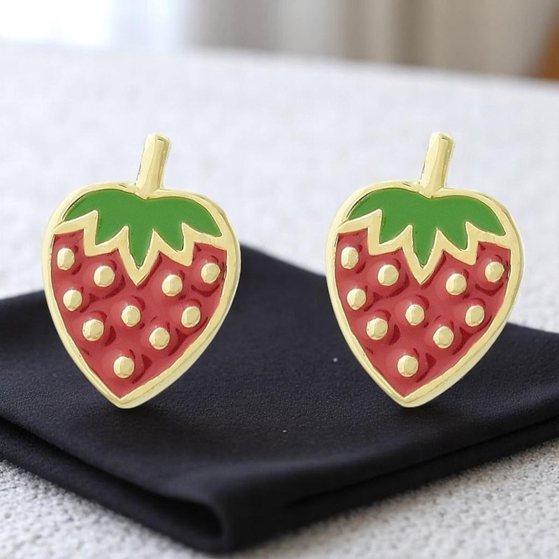 Boucles d'oreilles fraise émail coloré Plaqué OR 750 3 microns - vue 4