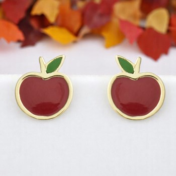 Boucles d'oreilles pomme émail coloré rouge et vert Plaqué OR 750 3 microns