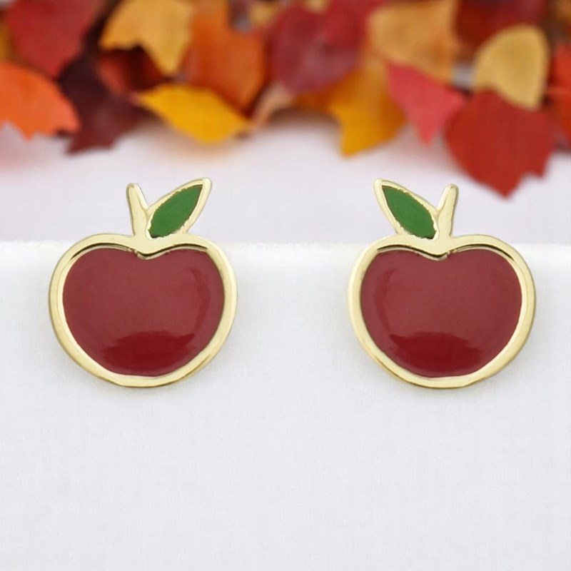 Boucles d'oreilles pomme émail coloré rouge et vert Plaqué OR 750 3 microns - vue 4