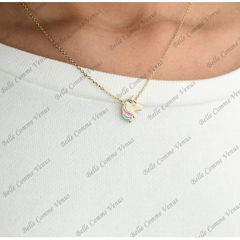 Collier tête de licorne émail coloré Plaqué OR 750 3 microns