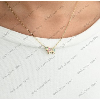 Collier licorne émail coloré Plaqué OR 750 3 microns