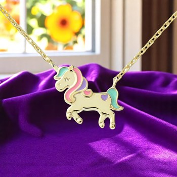 Collier licorne émail coloré Plaqué OR 750 3 microns