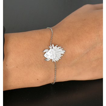 Bracelet tête d'indien d'Amérique amérindien coiffe plume Argent 925 Rhodié