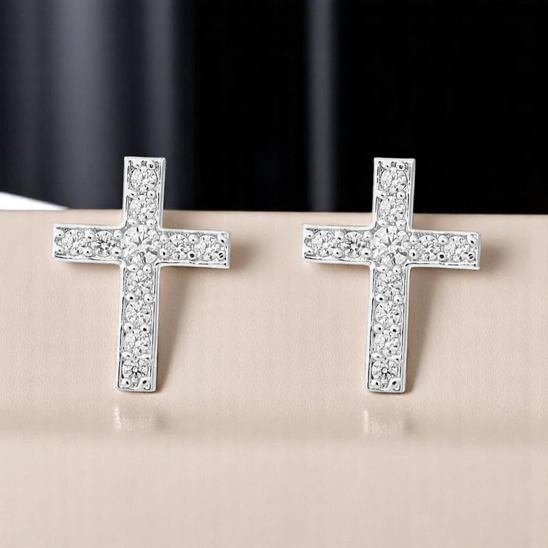Boucles d'oreilles croix sertie d'oxydes de zirconium Argent 925 Rhodié - vue 4