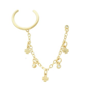 Clip d'oreille earcuff avec chaînette trèfles et oxydes de zirconium Plaqué OR 750 3 microns