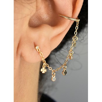 Clip d'oreille earcuff avec chaînette trèfles et oxydes de zirconium Plaqué OR 750 3 microns