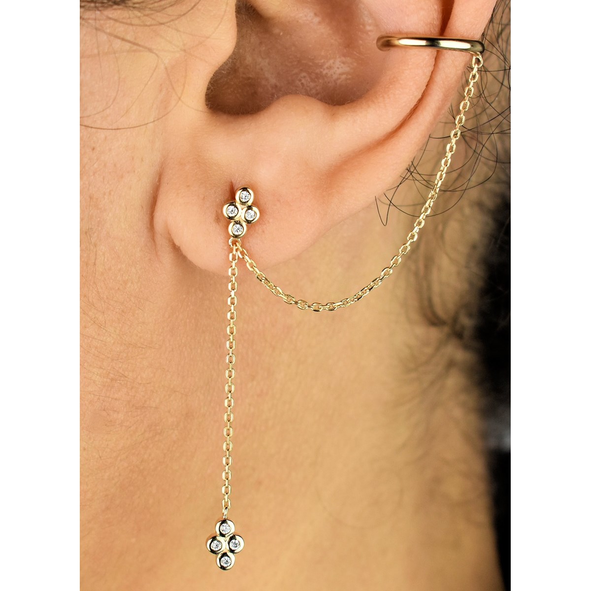 Clip d'oreille earcuff double chaînettes oxydes de zirconium pendants Plaqué OR 750 3 microns - vue 2