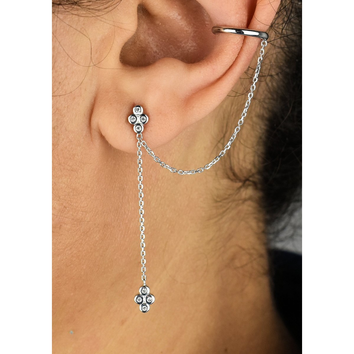 Clip d'oreille earcuff double chaînettes oxydes de zirconium pendants Argent 925 Rhodié - vue 2