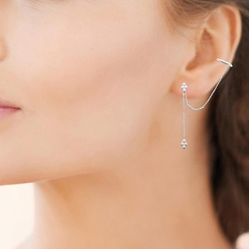 Clip d'oreille earcuff double chaînettes oxydes de zirconium pendants Argent 925 Rhodié