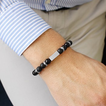 Black agate beads bracelet - black agate beads for men - MON PAPA engraving