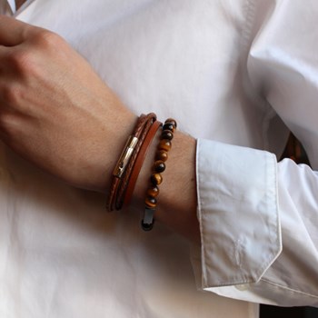 Leather bracelet le mix cognac man - PAPA engraving
