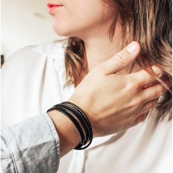Le mix black leather bracelet for men - JE T'AIME engraving