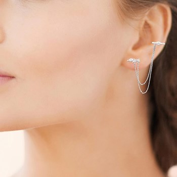 Clip d'oreille earcuff oxydes de zirconium 2 chainettes pendantes Argent 925 Rhodié