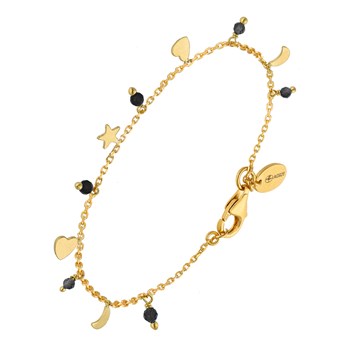 Bracelet Argent Doré Pampilles De Forme Lune Coeur Et Pierre Spinelle Noir