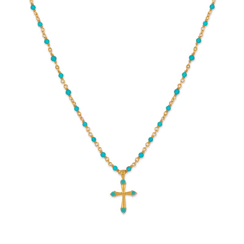 Collier Argent Doré Croix Et Pierres Naturelles Turquoise