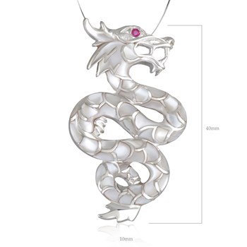Pendentif Dragon - Argent Massif, Nacre Blanche, Zirconium Rouge - Bijou Unique