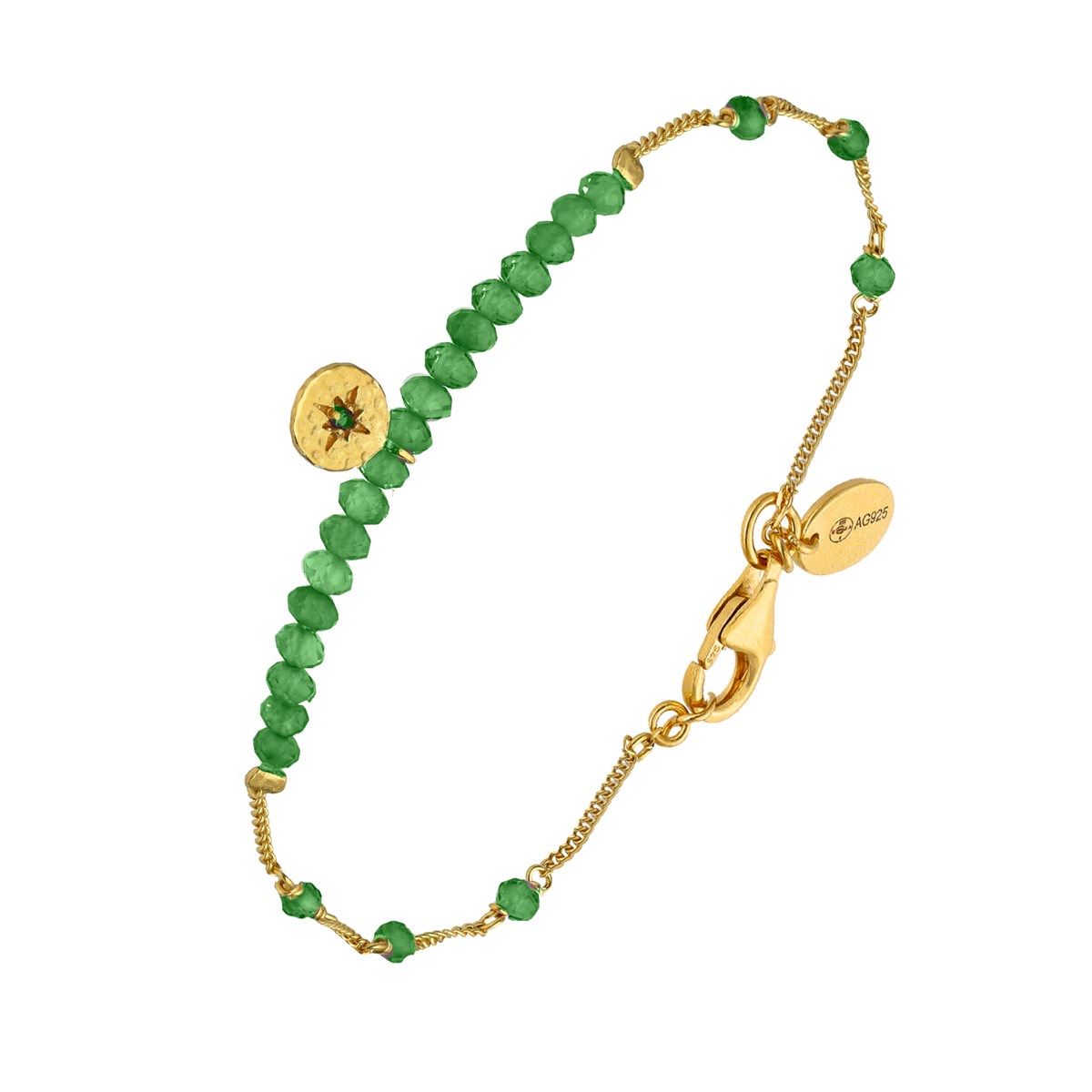 Bracelet Chaîne Argent Doré Avec Perles De Onyx Vert Et Pampille