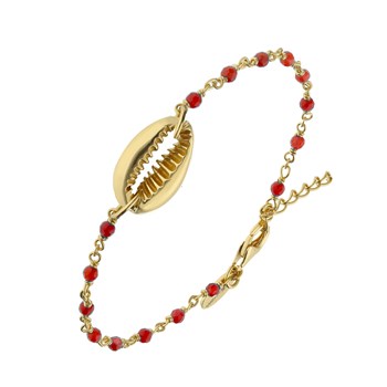 Bracelet Chaine En Argent Doré Avec Pierres Naturelles Onyx Rouge Et Coquillage