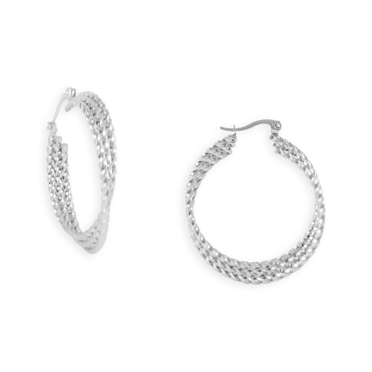 Boucles d'oreilles créoles acier argenté trois torsades 3,5 cm