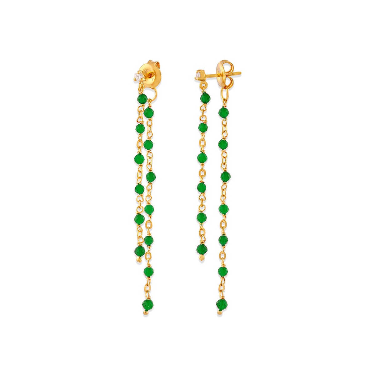 Boucles D Oreilles Argent Dorée Double Chaine Longue Et Pierres Naturelles Onyx Vert