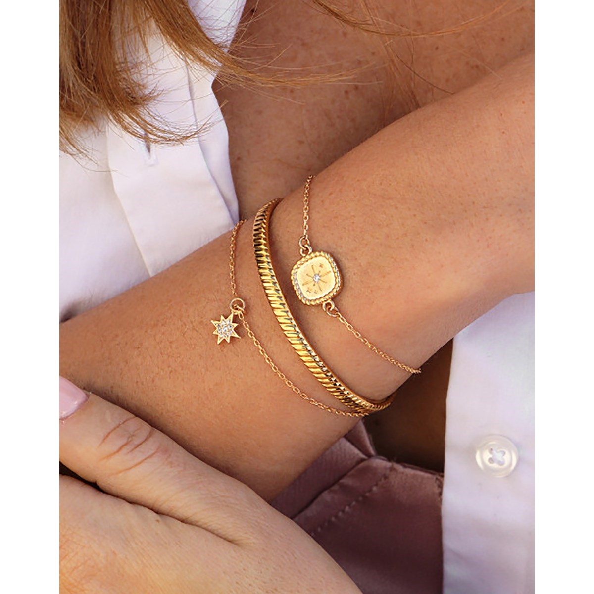Bracelet chaine maille simple médaillon doré à l'or fin 24K zircon MINI ORACLES - vue 2