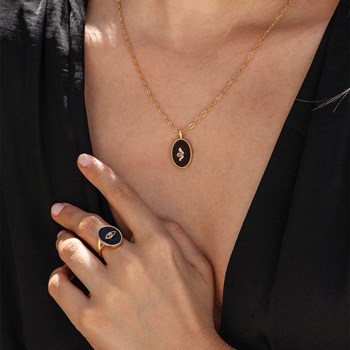Collier agate noire et oeil zircons doré à l'or fin 24k SALOMÉ