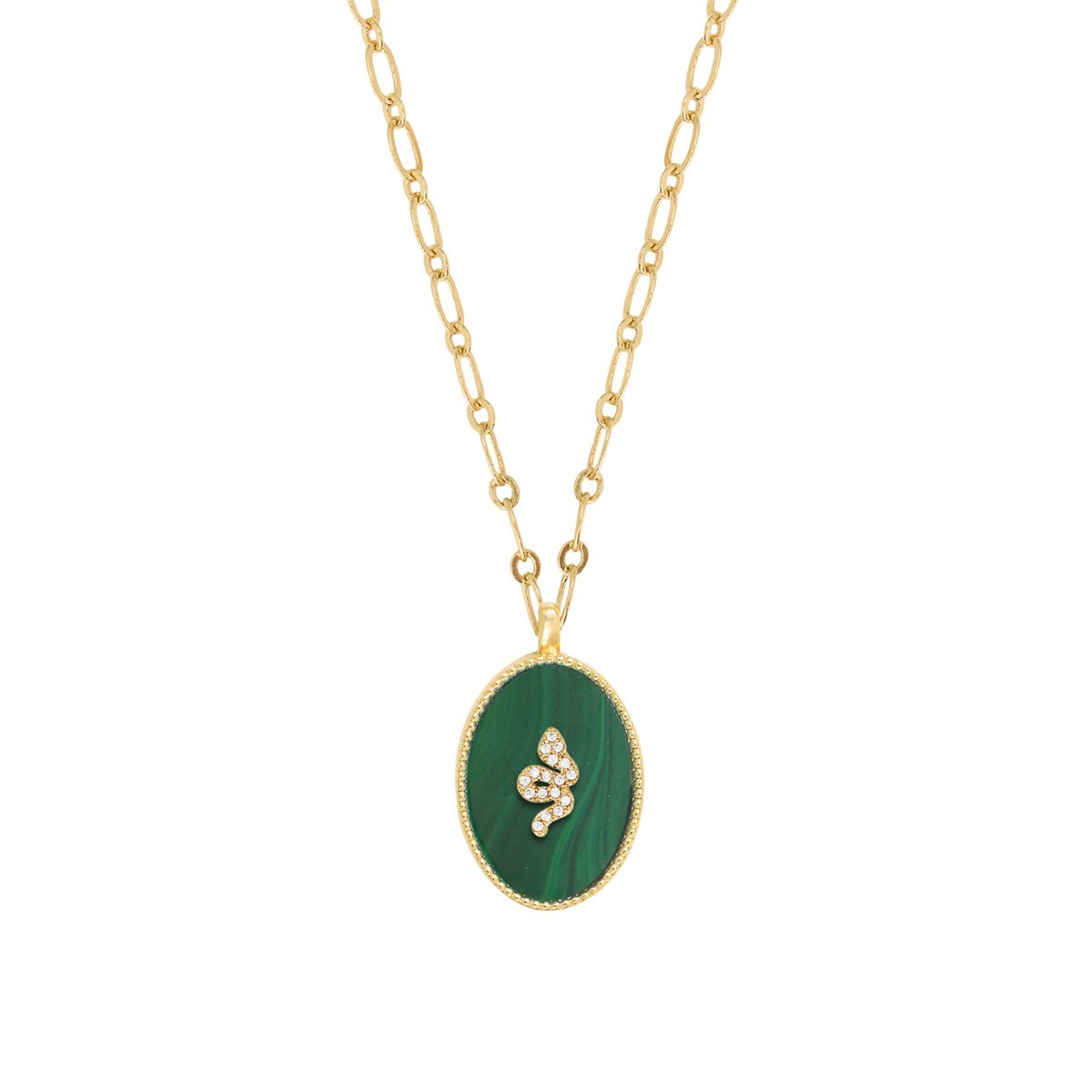 Collier malachite et serpent zircons doré à l'or fin 24k SALOMÉ